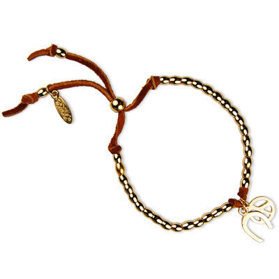 MB621G - Horseshoe and Peace Charm with Mini-Turq Stone Barrel Bead Strand Adjustable Deerskin Leather Bracelet