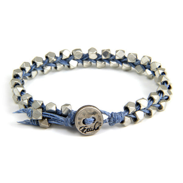 Double Silver Faceted Bead Mens Bracelet on Denim Waxed Linen