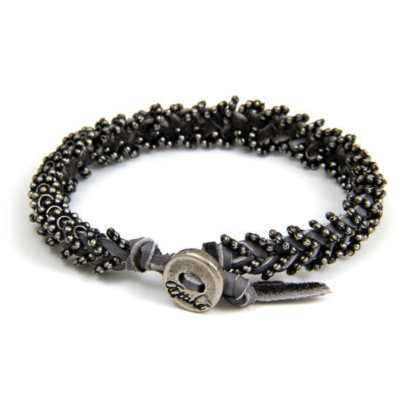 Double Silver Spacer Bead Mens Bracelet on Grey Leather