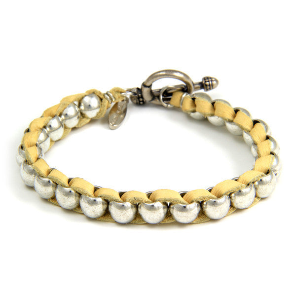 Intertwined Silver Barrel Bead Mens Bracelet on Tan Leather