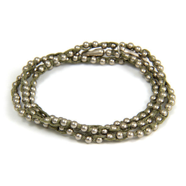 Triple Wrap Olive Waxed Linen on Silver Ball Chain Bracelet
