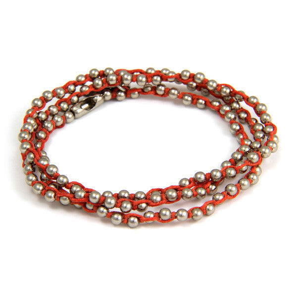 Triple Wrap Rust Waxed Linen on Silver Ball Chain Bracelet
