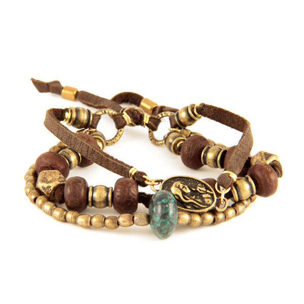 Multi Bead Brown Deerskin Leather Bracelet with Turquoise Bead Nugget and Mary Face Charm
