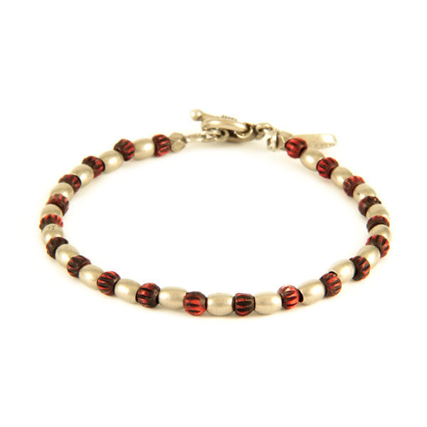 Tiny Red Bone Bead and Metal Barrel Bead Bracelet