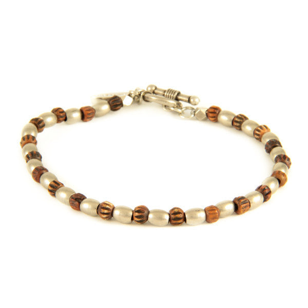 Tiny Burgundy Bone Bead and Metal Barrel Bead Bracelet