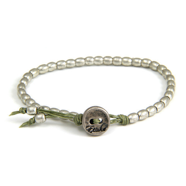 Tiny Barrel Bead Bracelet on Olive Waxed Linen