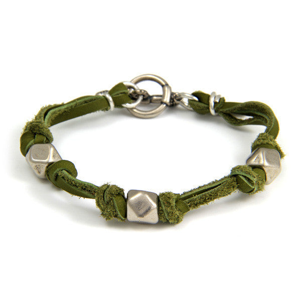 Silver Triple Beaded Men's Sage Deerskin Leather Bracelet