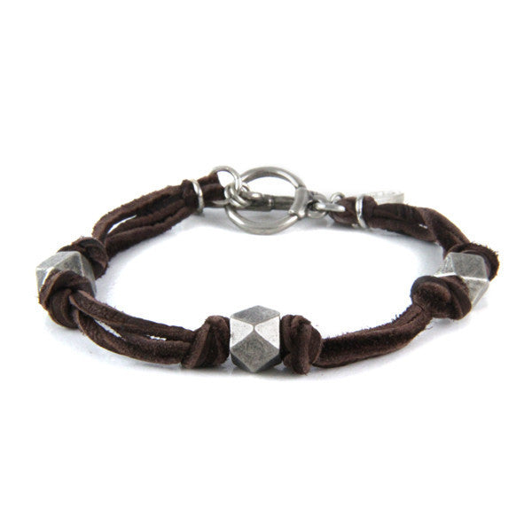 Silver Triple Beaded Men's Brown Deerskin Leather Bracelet