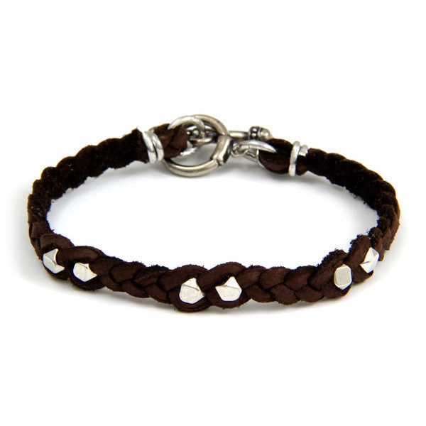 Silver Faceted Bead Men's Brown Braided Bracelet