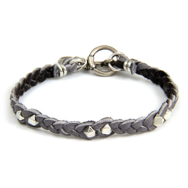 Silver Faceted Bead Men's Grey Braided Bracelet