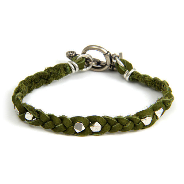 Silver Faceted Bead Men's Sage Braided Bracelet