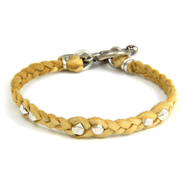 Silver Faceted Bead Men's Tan Braided Bracelet