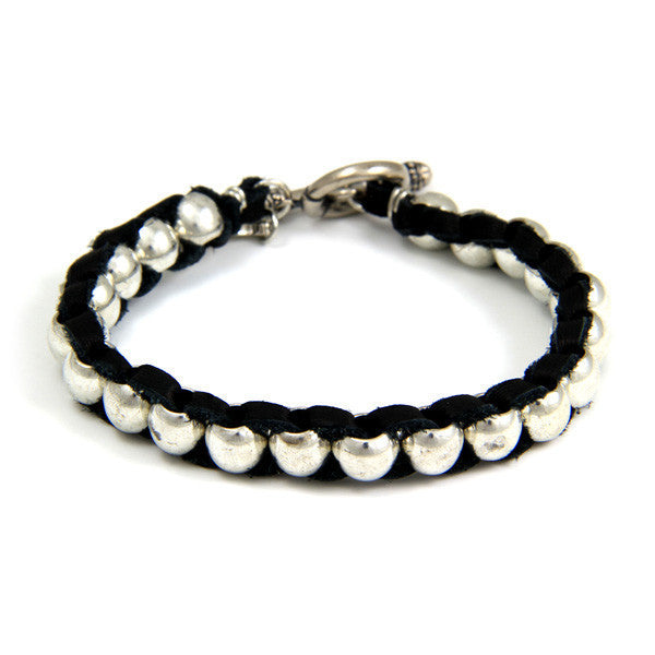 Intertwined Silver Barrel Bead Mens Bracelet on Black Leather