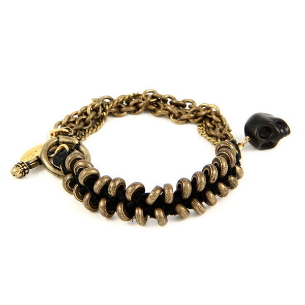 Tiny Donut Bead and Chain Bracelet with Skull Charm