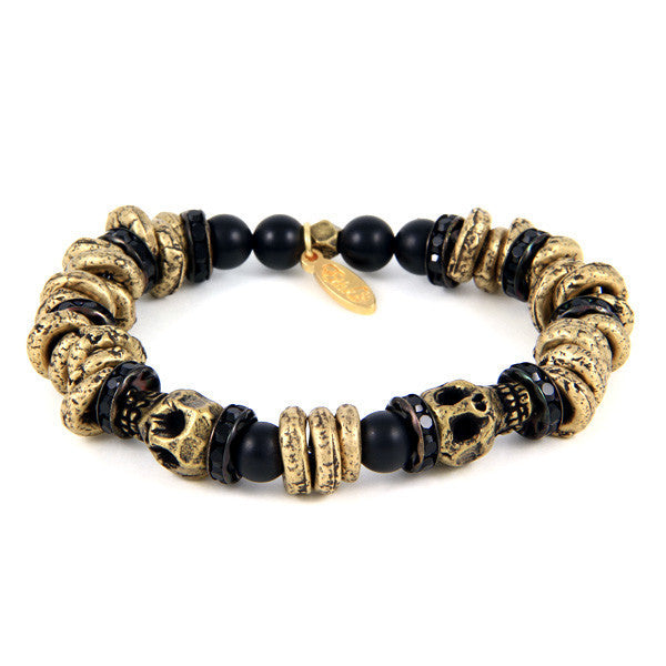 Mens Twin Skull and Black Rondelle Elastic Bracelet