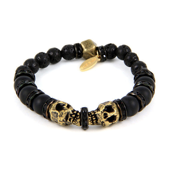 Mens Brass Twin Skulls and Black Rondelle Elastic Bracelet
