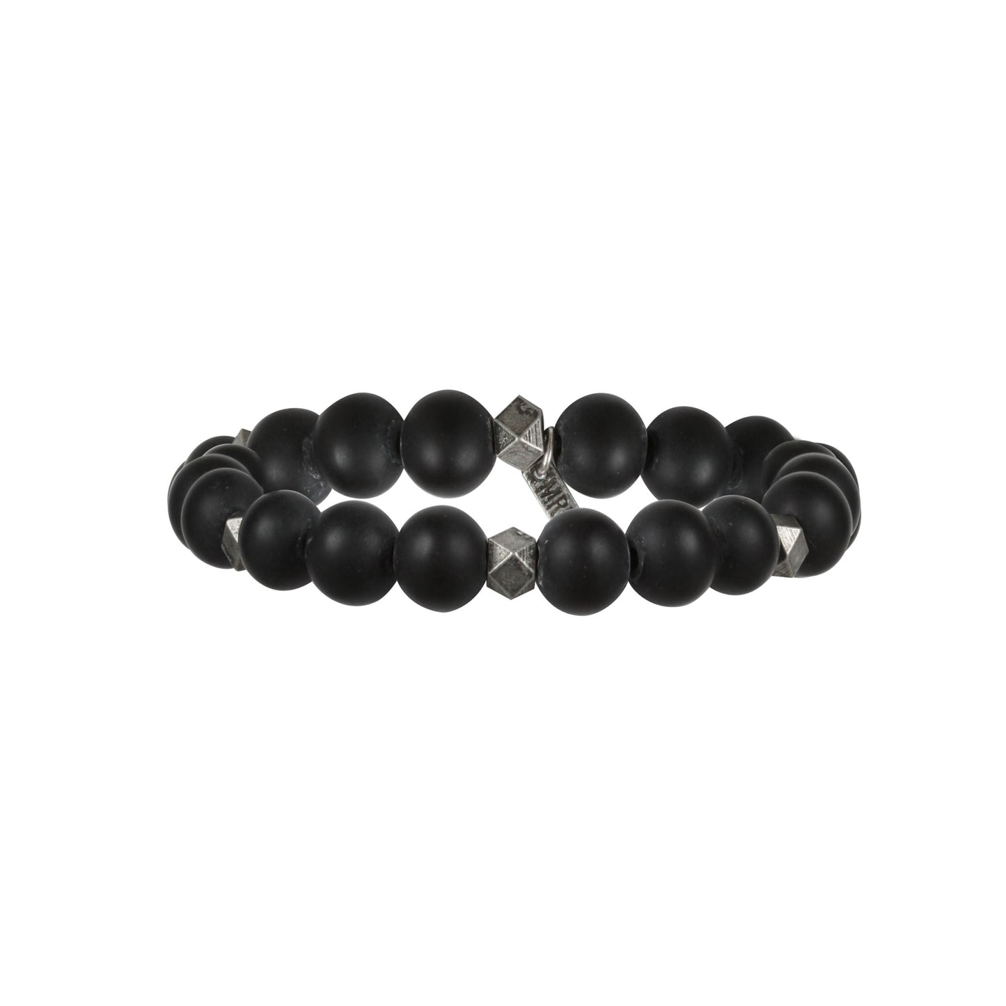 Mens Black Agate Bead Bracelet with Silver Faceted Beads