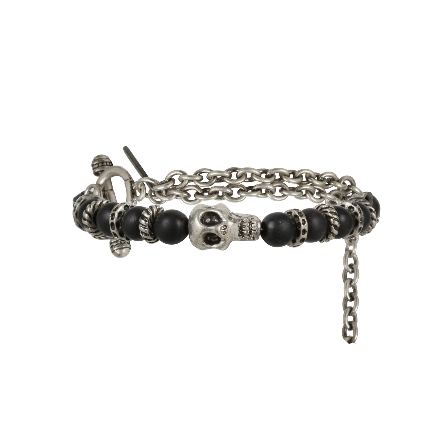 Mens Silver Skull with Black Agate Beads and Chain Bracelet