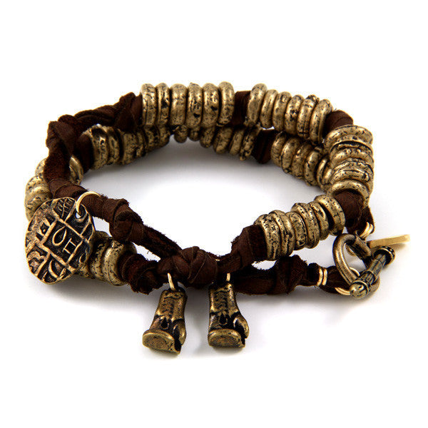 Mens Aztec Disc and Boxing Gloves Brown Deerskin Wrap with Toggle Closure