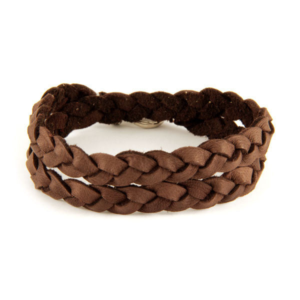 Mens Braided Brown Deerskin Leather Double Wrap Bracelet