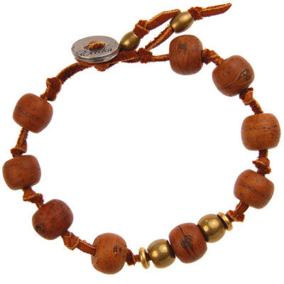 MB222 - Wood Bead with 2 Brass Bead Deerskin Leather Bracelet
