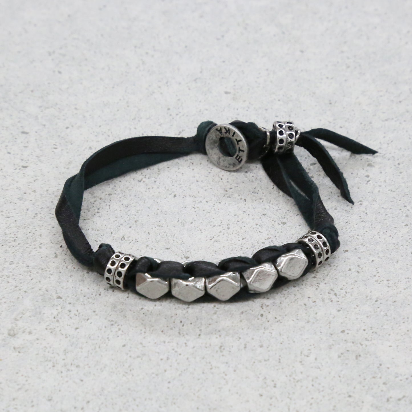 Black Leather Bracelet with Silver Faceted Beads and Donut Rings