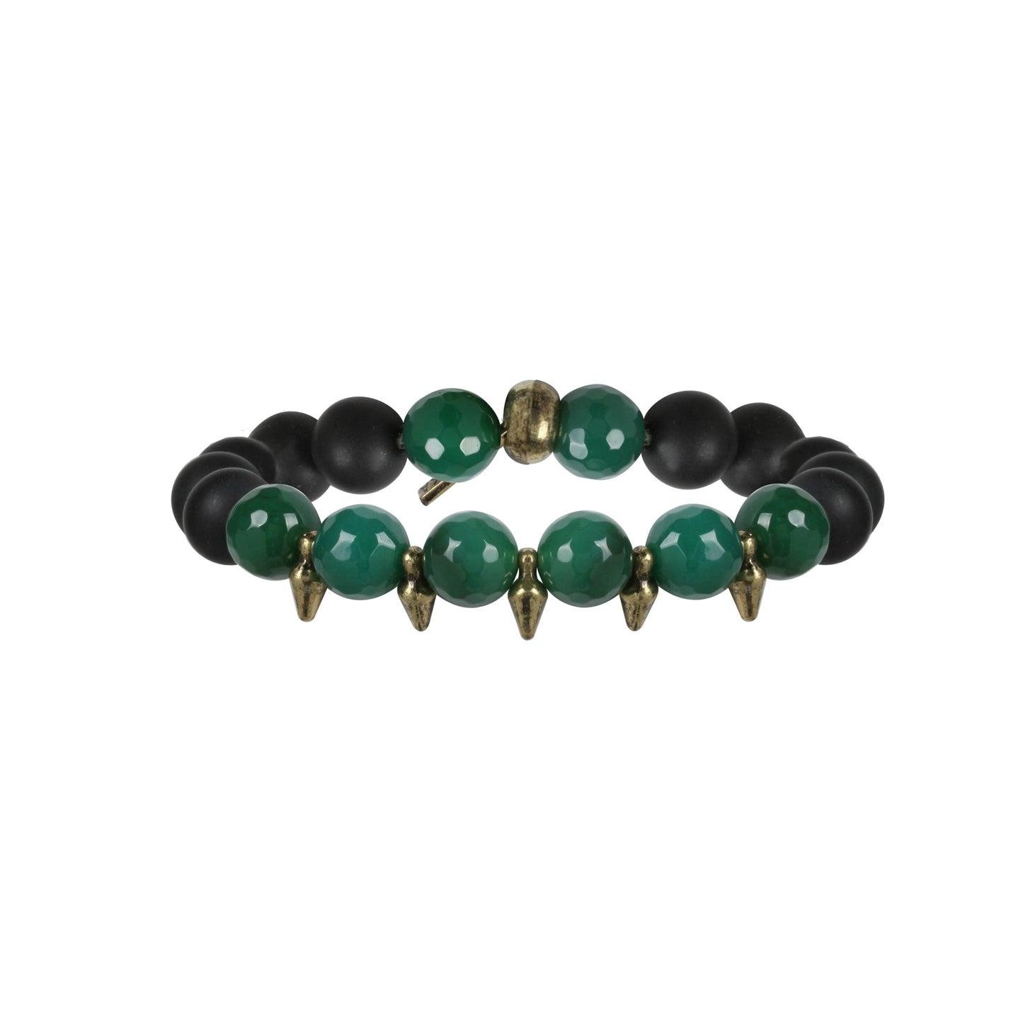 Mens Black Agate and Large Dark Faceted Marble Beads with Tiny Nugget Spikes Stretch Bracelet