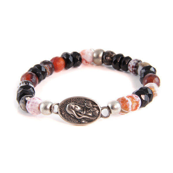 Red Faceted Marble Bead and Black Faceted Crystal Stretch Bracelet with Mary Face Charm
