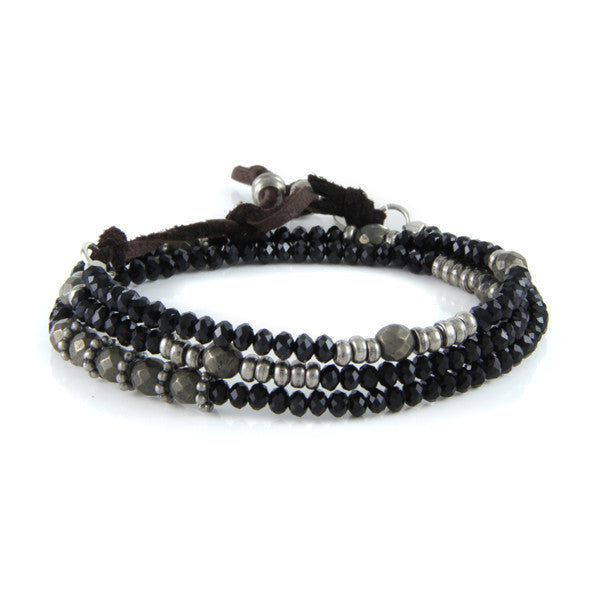 Small Black Faceted Crystals and Pyrite Crystals with Metal Accents Wrap Around Bracelet