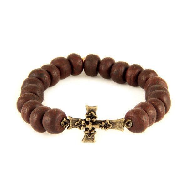 Mens Brown Beaded Bracelet with Brass Triple Cross Charm