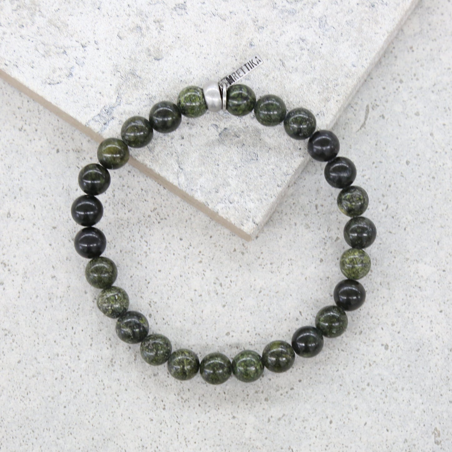 Army Green Stone and Silver Ox Elastic Bracelet