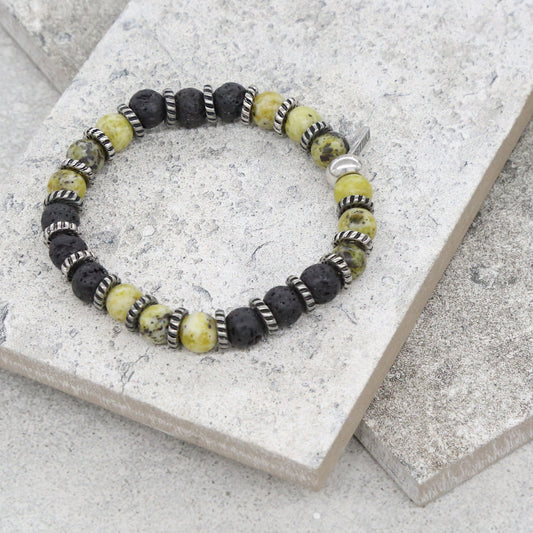 Yellow Turquoise and Lava Bead Stretch Bracelet in Silver