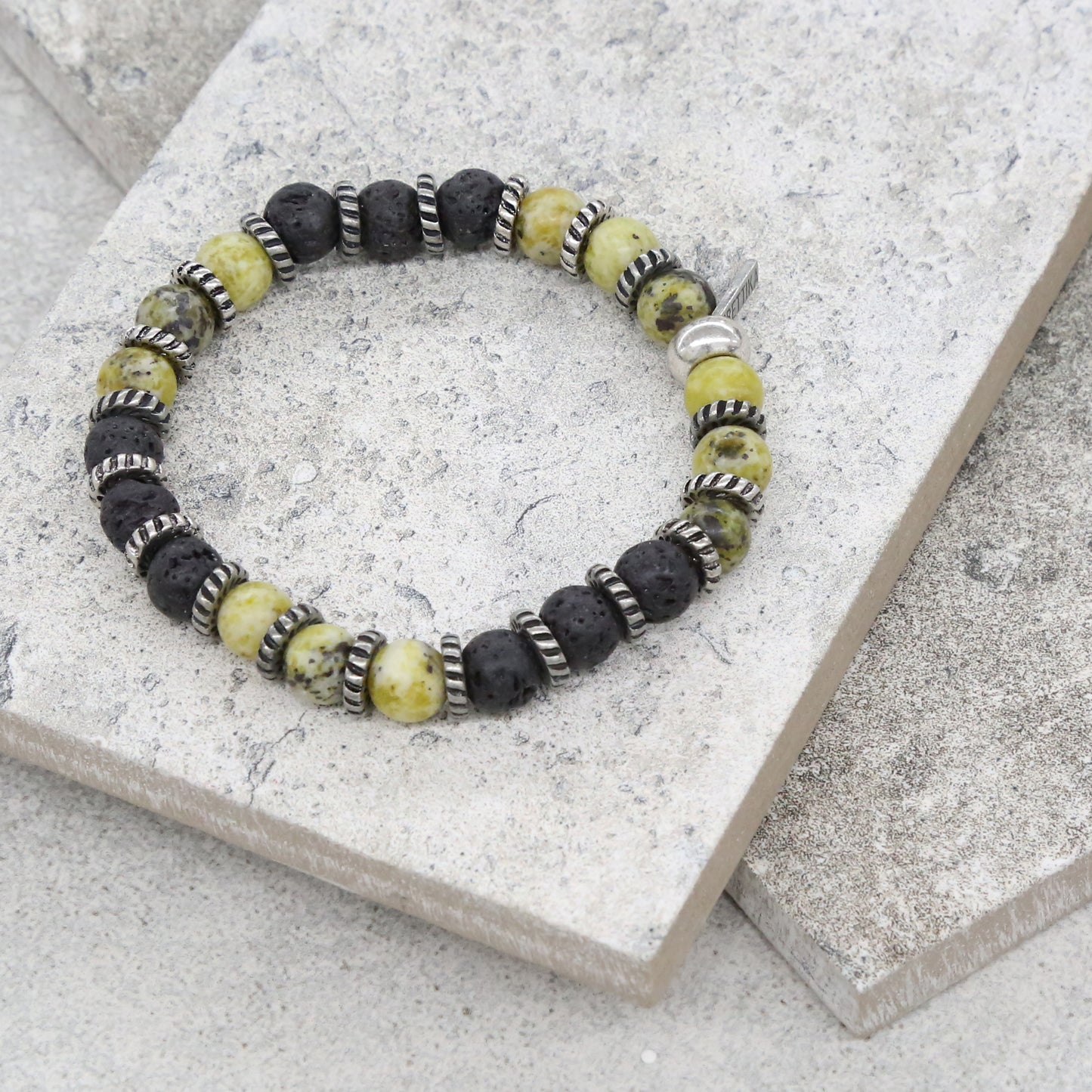 Yellow Turquoise and Lava Bead Stretch Bracelet in Silver