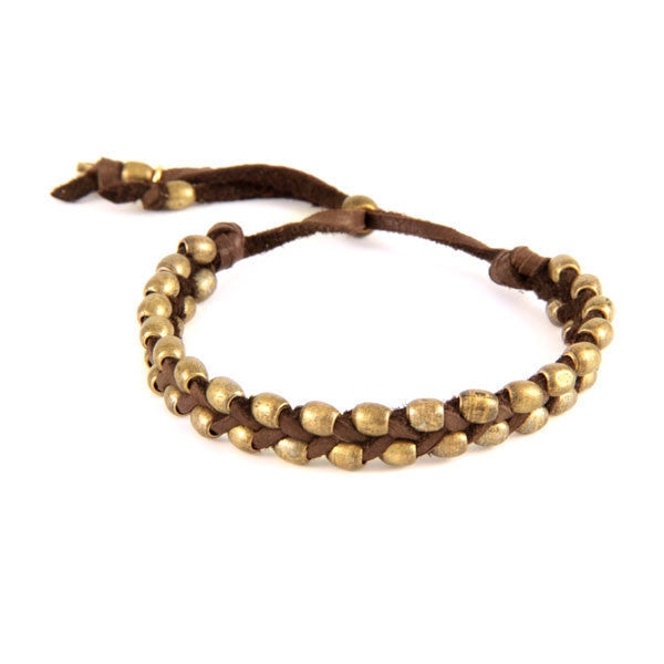 Small Dual Barrel Bead Strand Intertwined Brown Deerskin Leather Bracelet