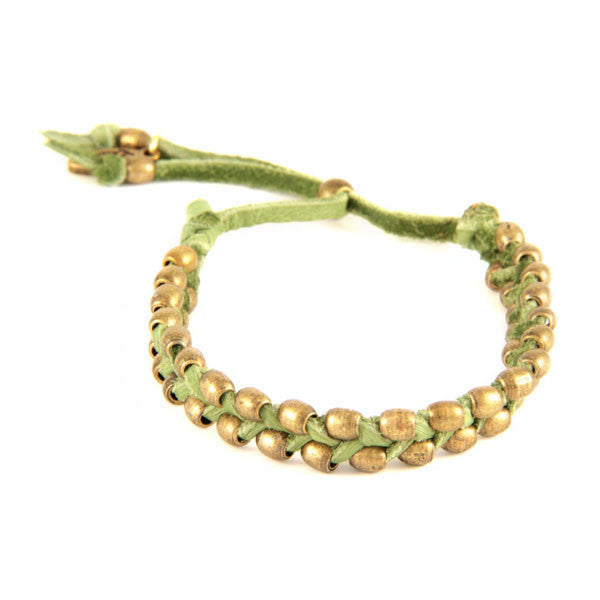Small Dual Barrel Bead Strand Intertwined Sage Deerskin Leather Bracelet