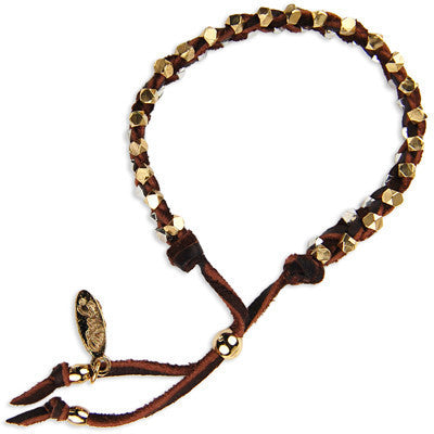 Dual Color Multi Faceted Bead Strand Intertwined Deerskin Leather Bracelet