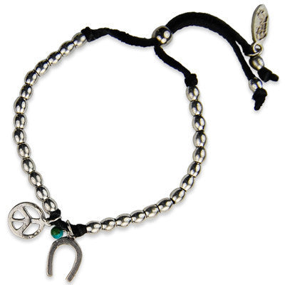MB621S - Horseshoe and Peace Charm with Mini-Turq Stone Barrel Bead Strand Adjustable Deerskin Leather Bracelet