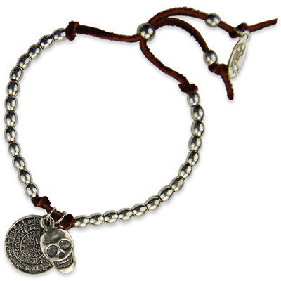 MB623S - Phaistos Coin and Skull Charm Barrel Bead Strand Adjustable Deerskin Leather Bracelet