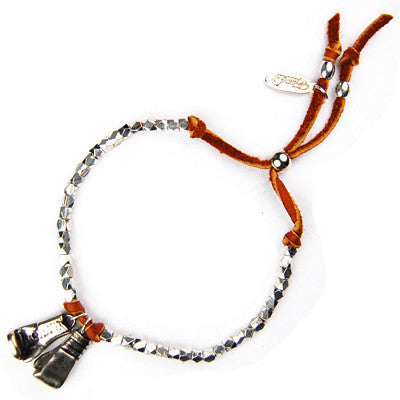 MB625S - Boxing Gloves Charm Faceted Bead Strand Adjustable Deerskin Leather Bracelet