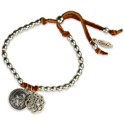 MB626S - Mary Image and Rose Outline Charm Barrel Bead Strand Adjustable Deerskin Leather Bracelet
