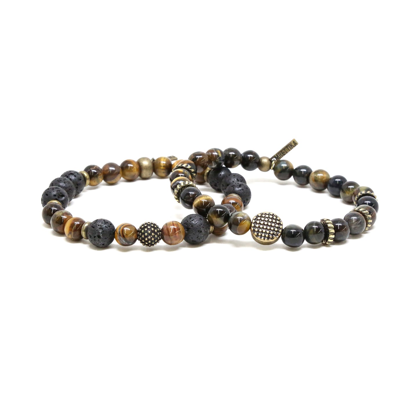 Tiger's Eye Mixed Bead Elastic Bracelet Set in Brass