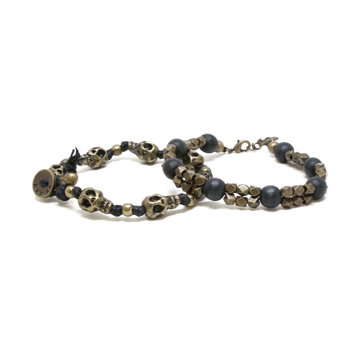 Brass Skull and Beaded Bracelet Set in Black