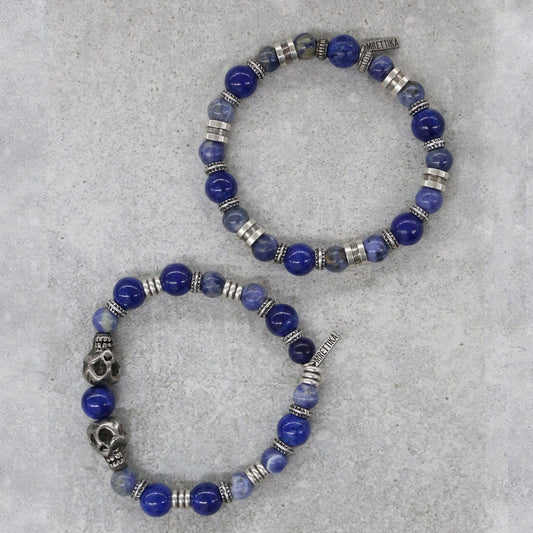 Sodalite Blue Beaded Bracelet Set with Silver Ox Skulls