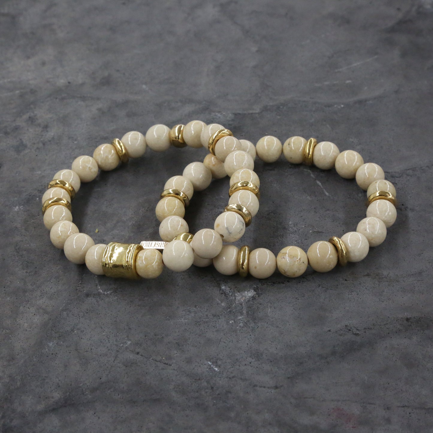White Beaded Elastic Bracelet Set in Gold