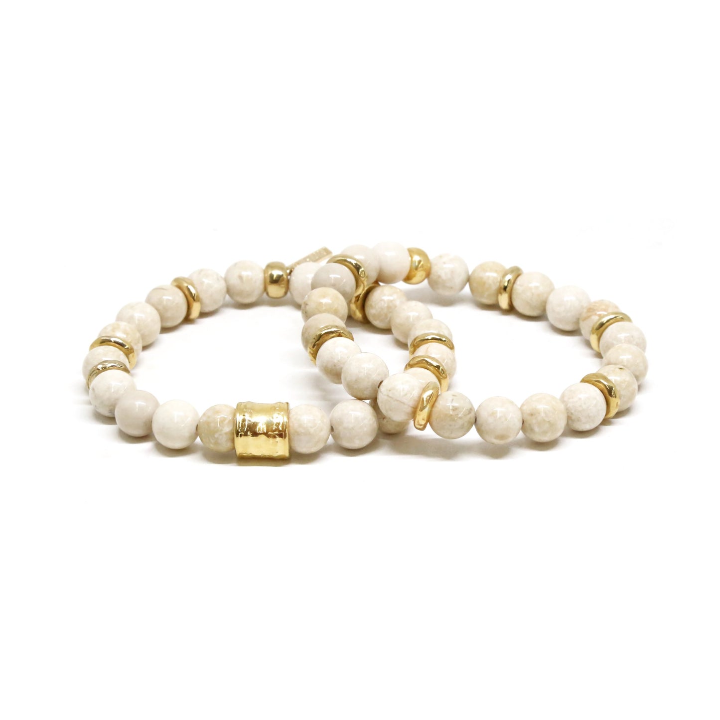 White Beaded Elastic Bracelet Set in Gold