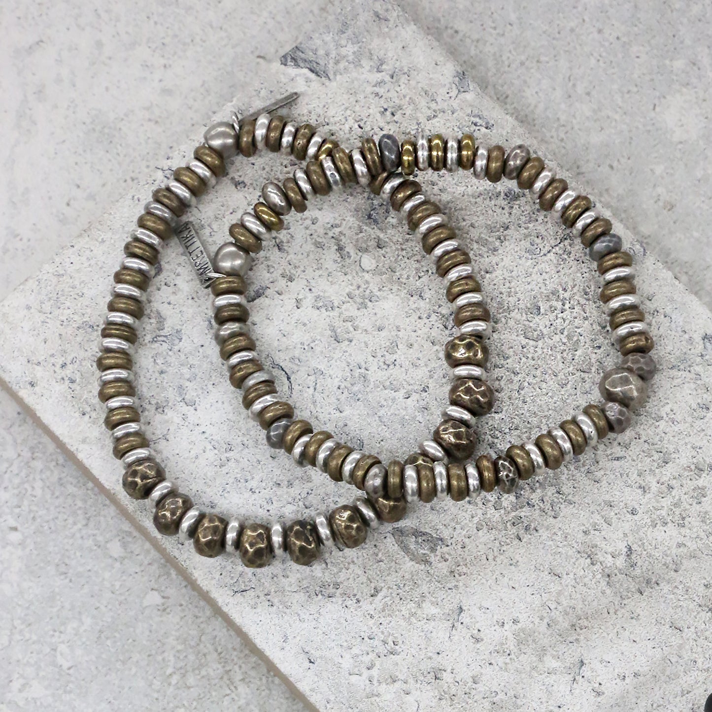 Mixed Metal Brass and Silver Ring Elastic Bracelet Set