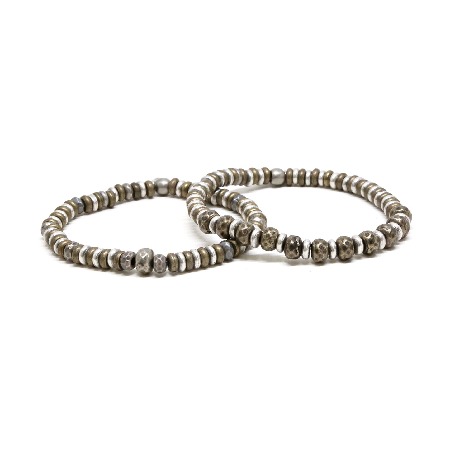 Mixed Metal Brass and Silver Ring Elastic Bracelet Set
