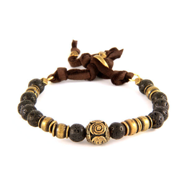 Lava Beads and Collar Bead Bracelet with Accent Swirl Bead and Button Closure