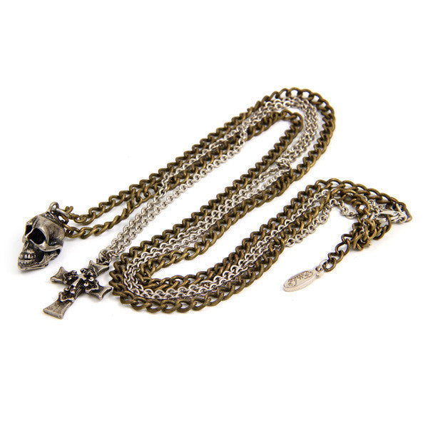 Skull and Cross Dual Chain Necklace