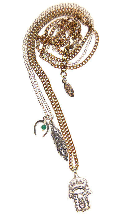 Hamsa, Mezuzah and Horseshoe with Turq Stone Dual Chain Necklace